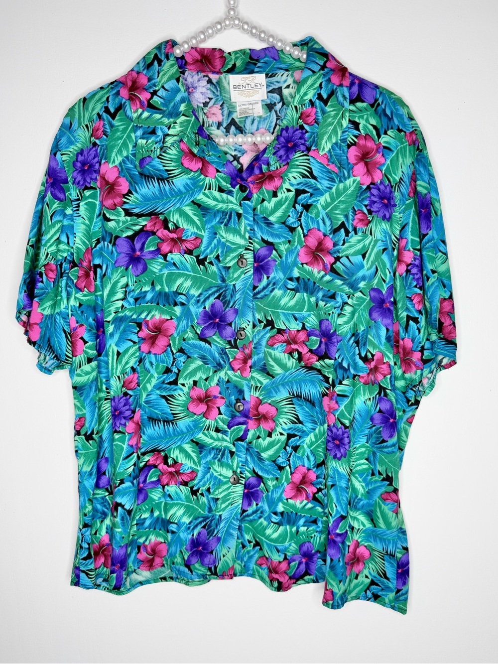 Vintage Bentley Teal & Pink Tropical Hawaiian Button Shirt Top XLarge